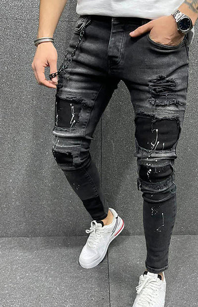 Men's Fashion Mid Waist Ripped Slim Jeans